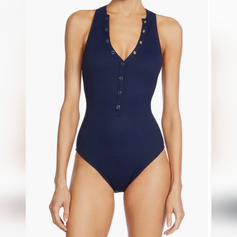 ROBIN PICCONE AMY RIB ONE PIECE SWIMSUIT BLUE /SIZE:10